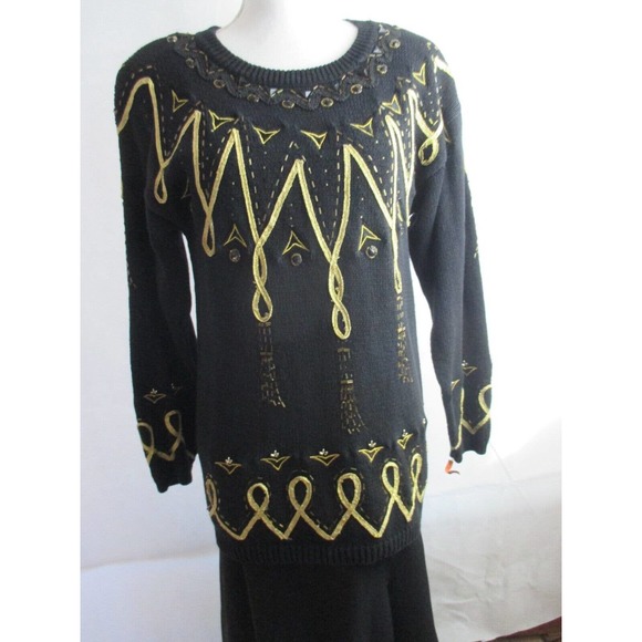 VNTG Victoria Harbour S Knit Sweater Beaded Rhinestones Ribbon Women Black Gold - Picture 1 of 11
